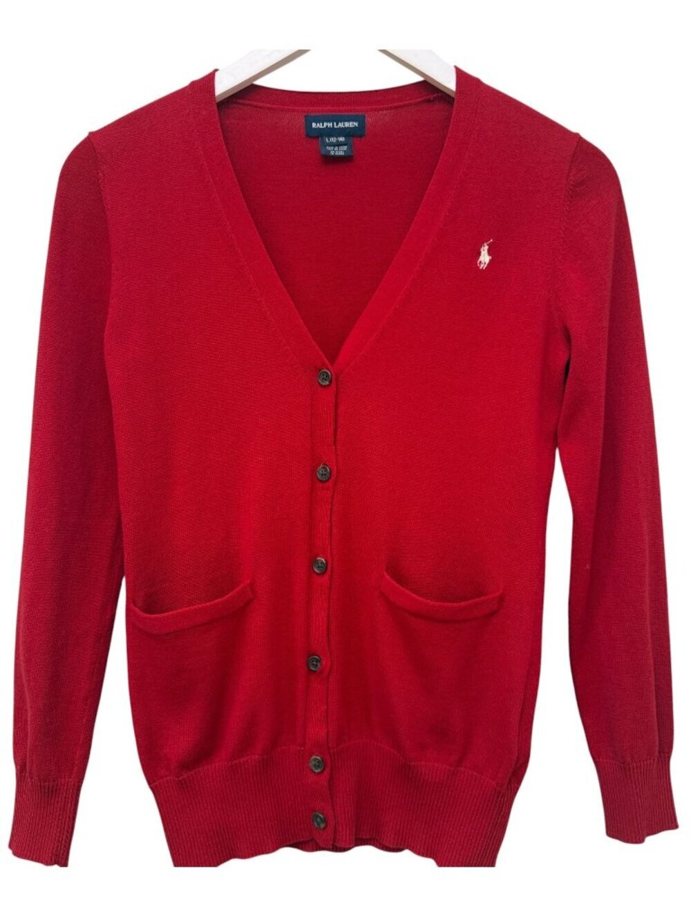 RALPH LAUREN Girls Cardigan Sweater Red Size Large 12-14 Cotton Preppy V-neck